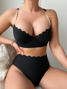 SHEIN Swim Summer Women's Bikini Set With Arc-Shaped Rim And Faux Pearl Decoration - Black - View 1