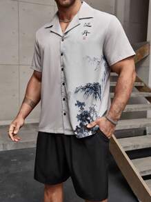 Manfinity Homme Men's Plus Size Mountain And Water Painting Printed Shirt With Solid Color Shorts 2pcs/Set