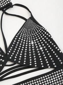 EgrlEra Women's Rhinestone Decorated, Hollow Out, Backless, Halter Neck Top With Tie Back - Black - View 6