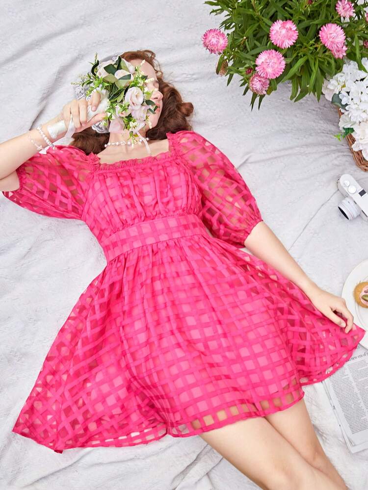 Teenage Girls' Casual Checked Mesh Square Neck Puff Sleeve Dress