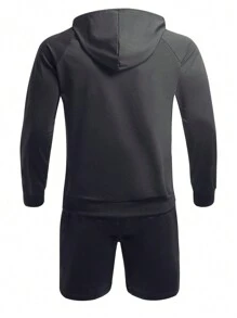 Gym Rark Men's Letter Print Raglan Sleeve Hoodie And Shorts Set, Athletic Suit, Tracksuit Gym Set Workout Set - Black - View 2