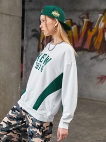 SHEIN Sports Sudadera Deportiva De Hombro Caído Con Bloque De Color Para Mujer - Beis - Ver 4