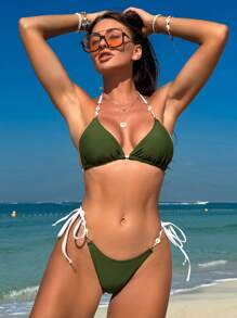 SHEIN Swim Shell Decorated Two-Piece Bikini Set, String Bikini Set Swimwear Bathing Suit Beach Outfit Summer Vacation Summer Beach - Army Green - View 6