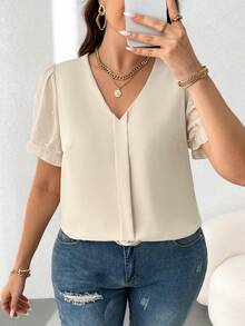 SHEIN Franclia Kích thước lớn Của phụ nữ Thanh lịch Ống tay áo Ngọc trai Giả Áo sơ mi - Màu be - Xem 4