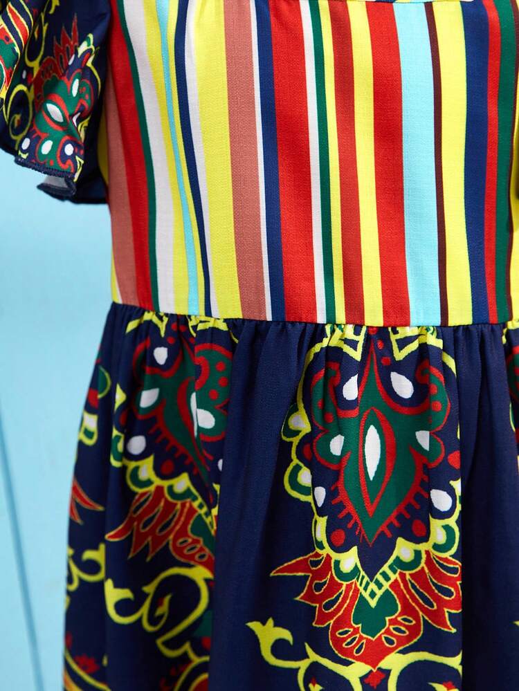 Young Girl Retro Pattern Print Square Neck Flounce Sleeve Dress