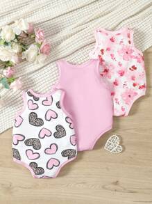 SHEIN 3pcs Baby Girl Heart Pattern Sleeveless Bodysuit