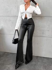 EURMUSE High Waist Faux Pu Leather Bell Bottom Pants - Black - View 3