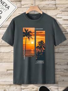 Manfinity Dauomo Men's Coconut Tree Printed Short Sleeve T-Shirt - Dark Grey - View 1