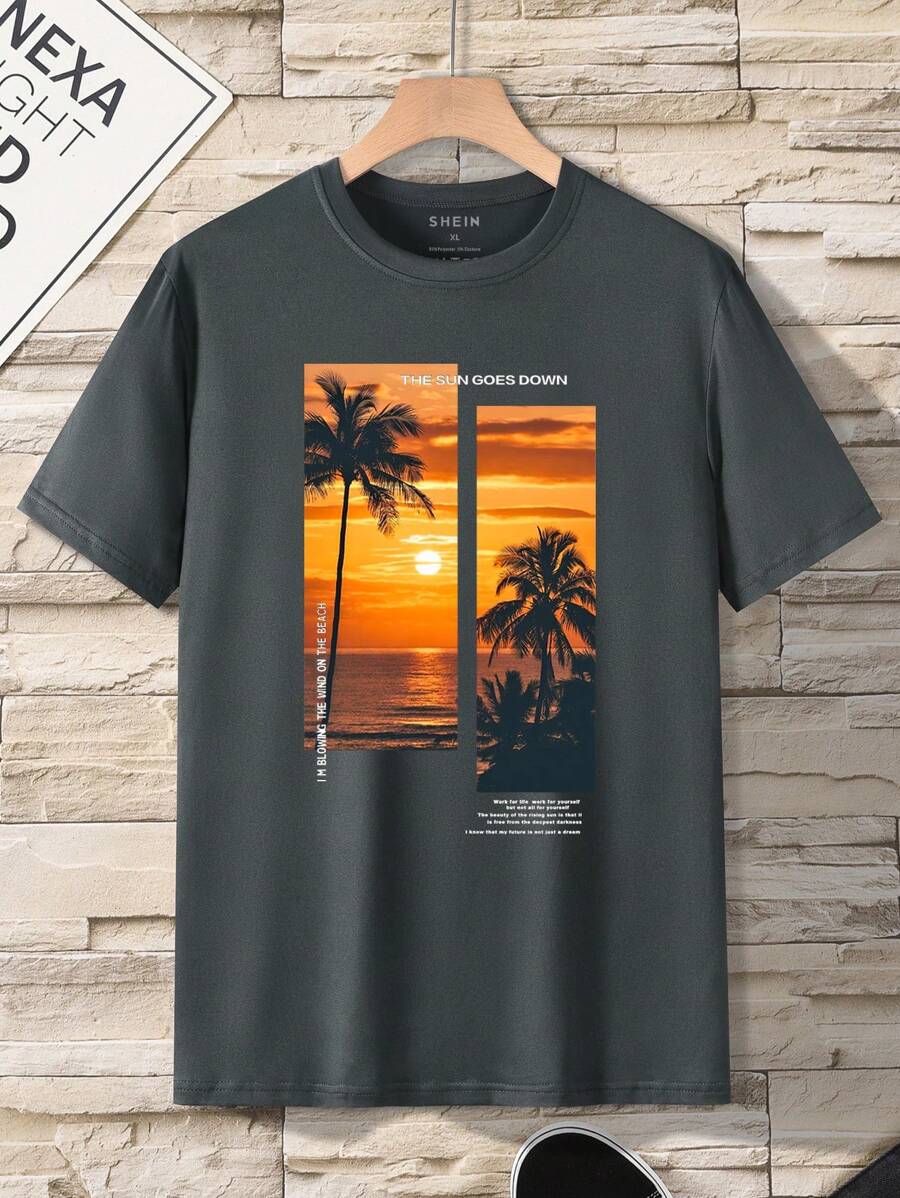 Manfinity Dauomo Men's Coconut Tree Printed Short Sleeve T-Shirt - Dark Grey - View 1