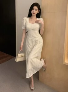 DAZY 提花拼接网纱甜心领收腰设计，饰以仿珍珠，短袖女式连衣裙，生日舞会礼服，吊带裙，优雅女装 - 杏色 - 查看 1