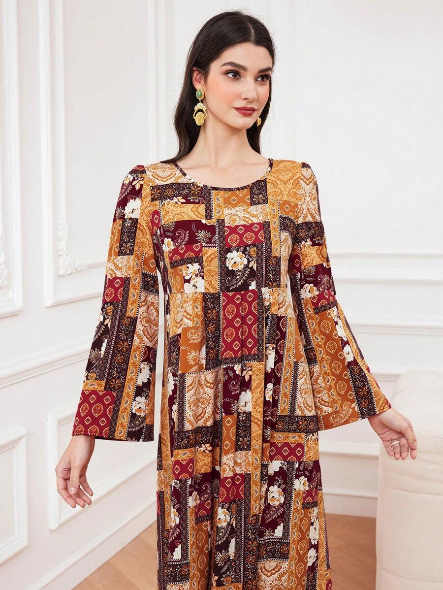 Al Najma 女式拼接印花泡泡袖阿拉伯風格連衣裙