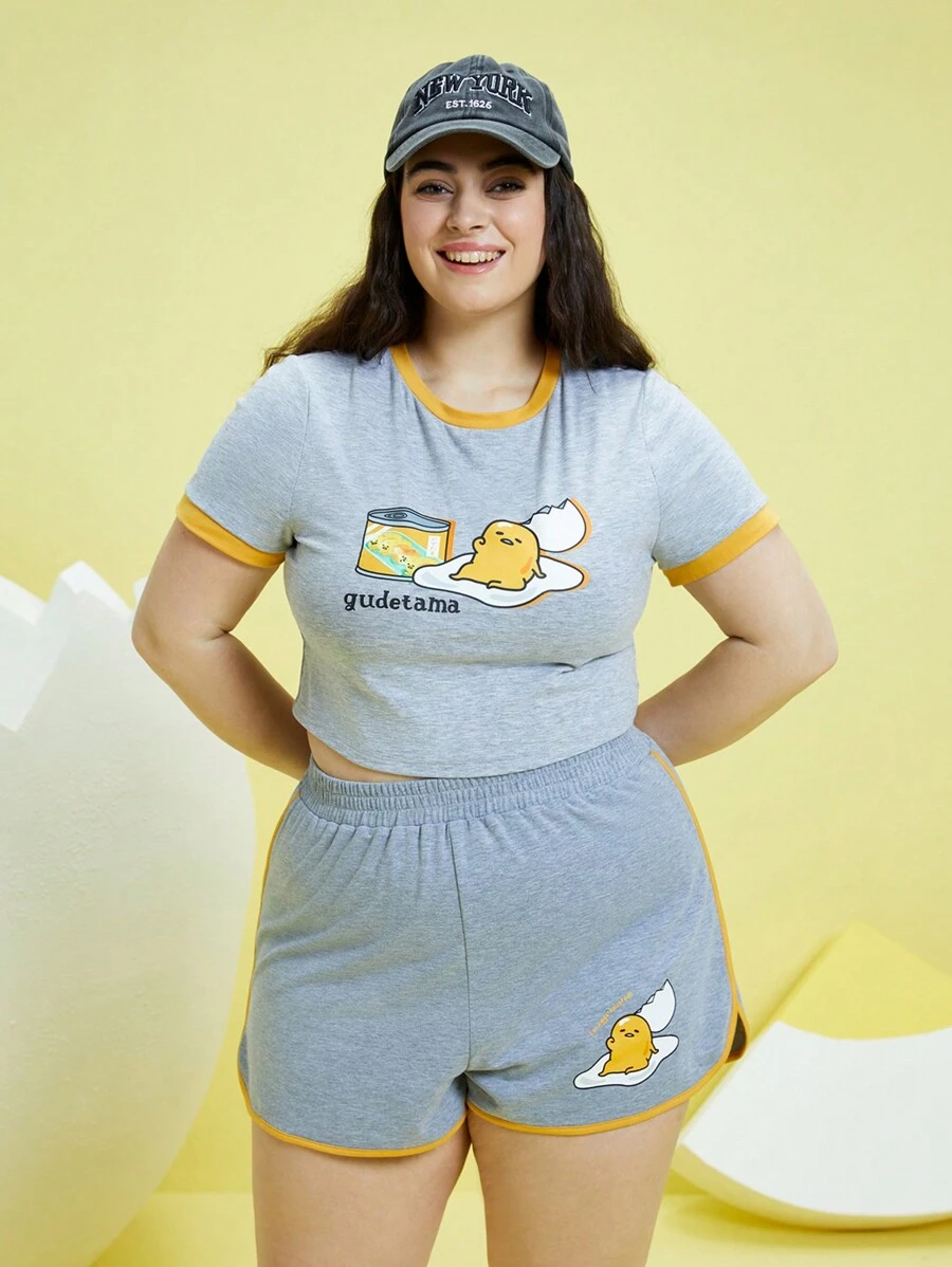 Gudetama X SHEIN 加大號漫畫圖案撞色綁帶短袖t恤和短褲 - 灰色 - 查看 1