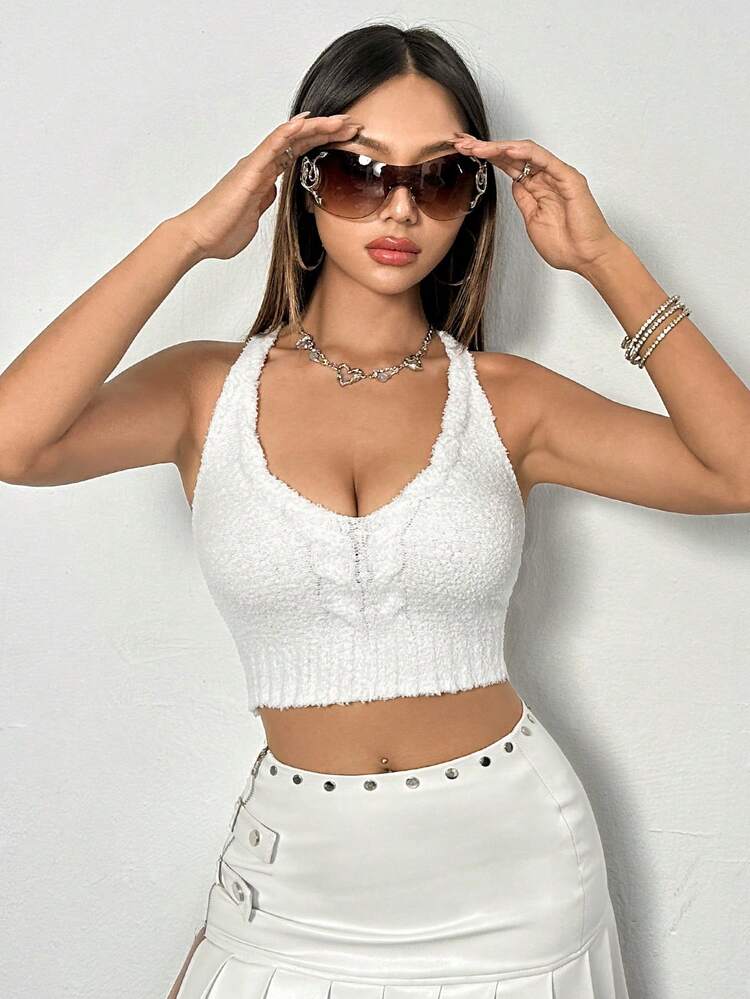Women's Deep V-Neck Cropped Knit Top
