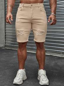 Manfinity LEGND 男士紧身破洞牛仔短裤纯色牛仔短裤卡其色派对牛仔短裤，适合送给老公、男朋友的礼物 - 杏色 - 查看 3