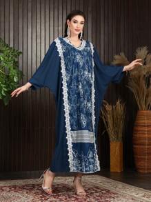Al Najma Embroidery Applique V-Neck Batwing Sleeve Kaftan