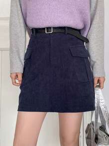 DAZY Váy nhung kẻ trơn màu dành cho nữ, Quần áo mùa thu - Màu xanh hải quân - Xem 3