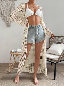 SHEIN VCAY Của phụ nữ Xu hướng: Cắt giảm Thả vai Tay áo dài Áo len Mở - Màu be - Xem 3