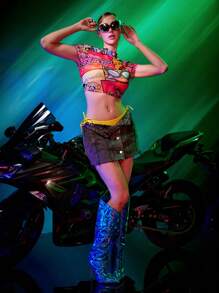 THE POWERPUFF GIRLS X SHEIN Dopamine Y2K Skinny Pop Art Patchwork Cartoon Graphic Mock Neck Crop Top - Multicolor - View 6