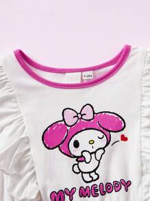 HELLO KITTY AND FRIENDS | SHEIN Baby Girl Cartoon And Letter Graphic Ruffle Trim Romper - White - View 5