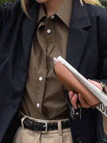 DAZY 女款純色常規領長袖寬鬆襯衫 - 棕色 - 查看 6