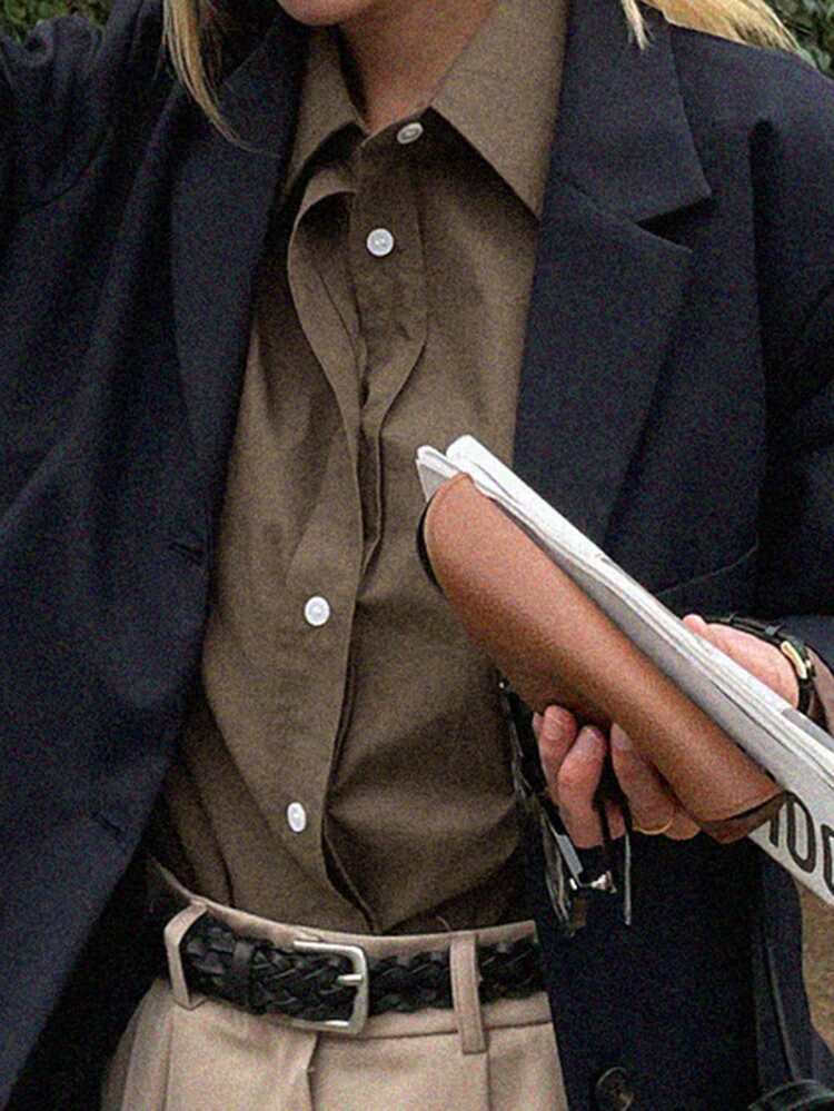 DAZY 女款純色常規領長袖寬鬆襯衫 - 棕色 - 查看 6