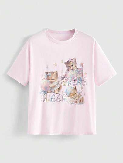 Kawaii Cat & Letter Printed Drop Shoulder Short Sleeve T-Shirt, School