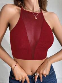 Eraneu Ladies' Mesh Splice Sleeveless Tank Top - Burgundy - View 4