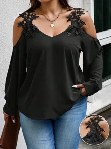 SHEIN Privé Plus Appliques Cold Shoulder Blouse - Black - View 1