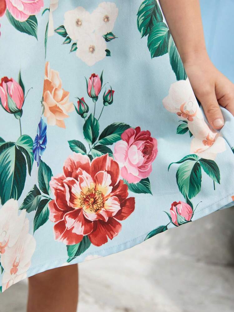 Young Girl's Square Neckline, Ruffled Sleeves, Color Blocking Floral Printed A-Line Dress