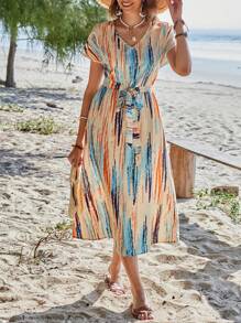 EMERY ROSE Vacation Casual Striped Ruched Waist Midi Dress