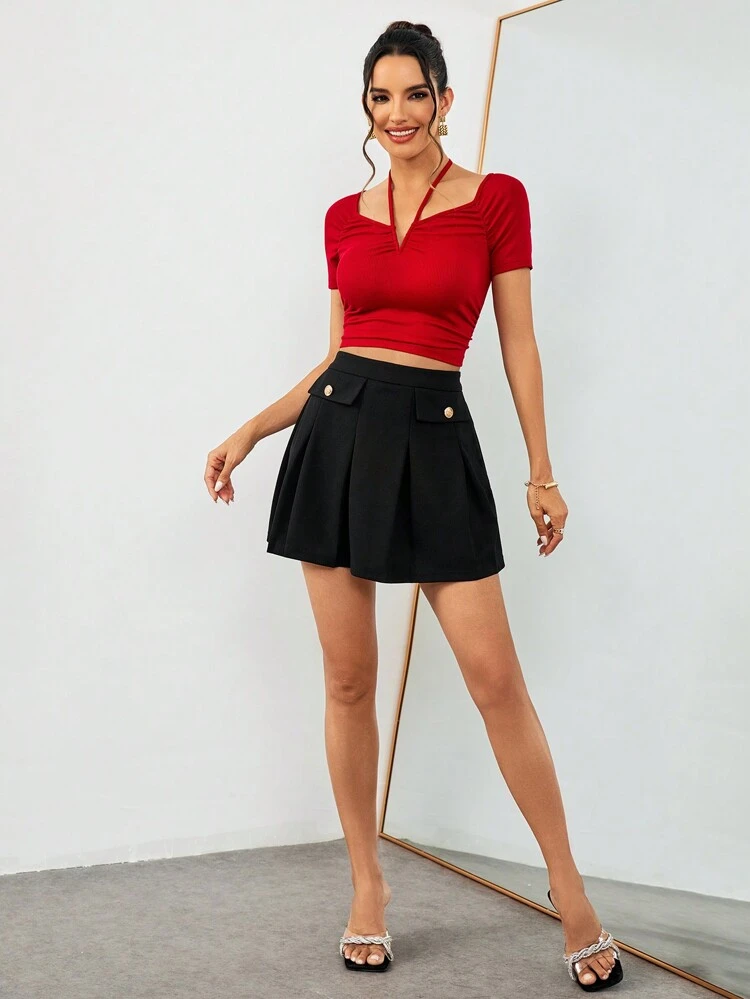 Women's Summer Elegant & Casual & Daily & Dating & Work Loose A-Line Button Decor Black Mini Skirt