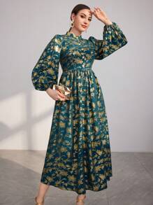 Modelyn Women's Lantern Sleeve Arabian Style Dress With Gold Print