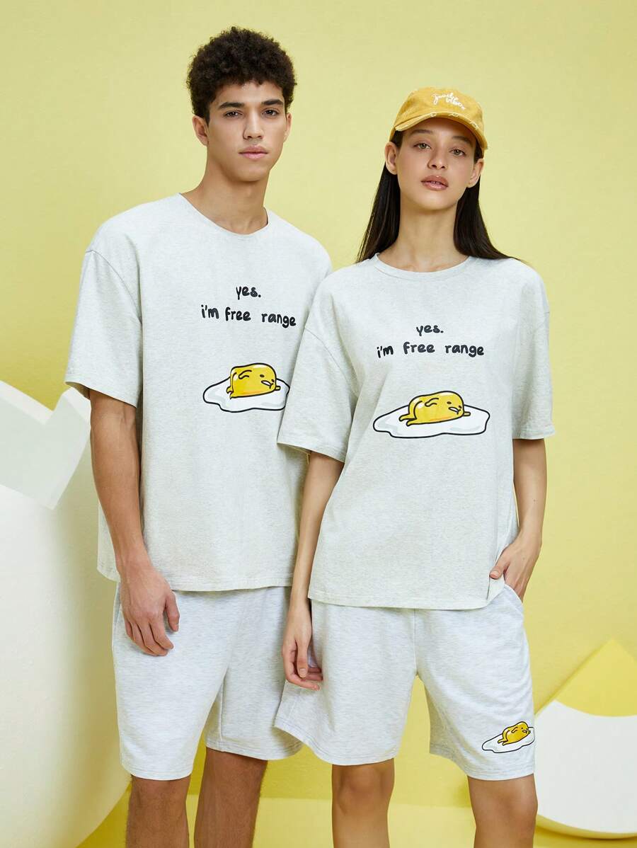 Gudetama X SHEIN 男女適用1件卡通和標語圖案t恤和1件短褲 - 灰色 - 查看 1