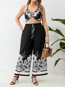 Breezaya Plus Size Women's Floral Print Tank Top And Loose Pants Two Pieces Set
