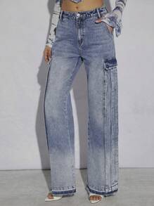 Denimoi 翻盖口袋褶皱阔腿休闲牛仔裤 - 淺色水洗藍 - 查看 5