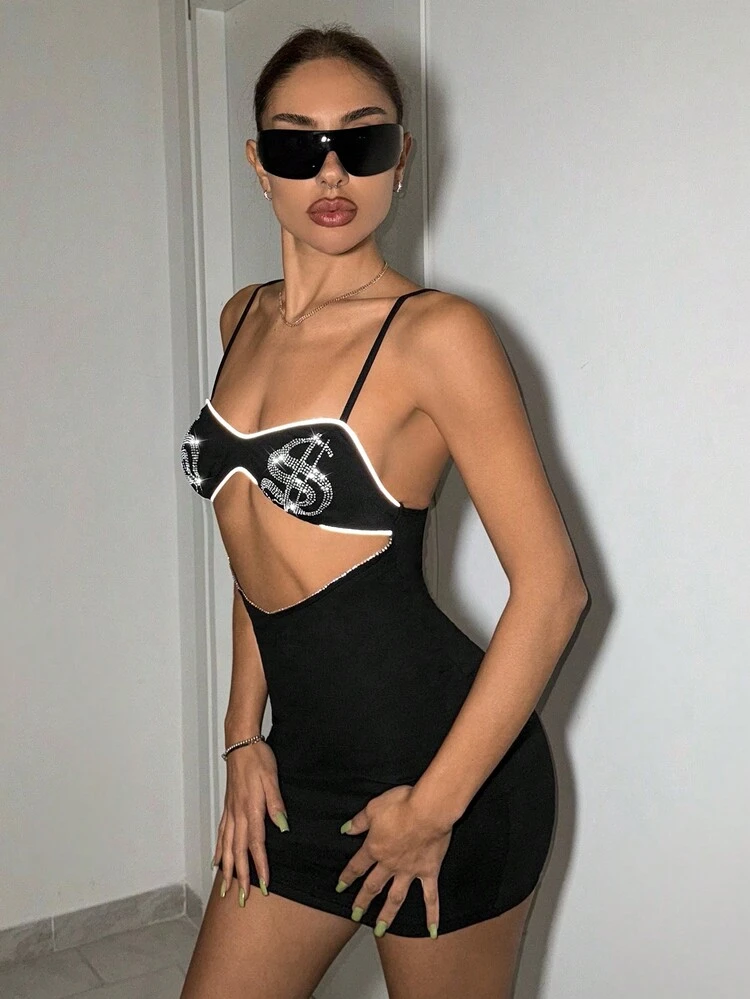 Women's Hot Diamond Reflective Breast Cup Hollowed Tight Dollar Rhinestone Pattern Bodycon Cami Dress