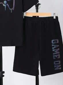 SHEIN Thiếu niên Con trai Kiểu Mỹ Giải trí Trang phục trên phố In bảng điều khiển trò chơi Ngắn tay Áo thun Và In thư Quần short , Mùa xuân/Mùa hè - màu đen - Xem 6