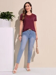 EMERY ROSE Women's Short Sleeve T-Shirt With Lace Splicing - Burgundy - View 6