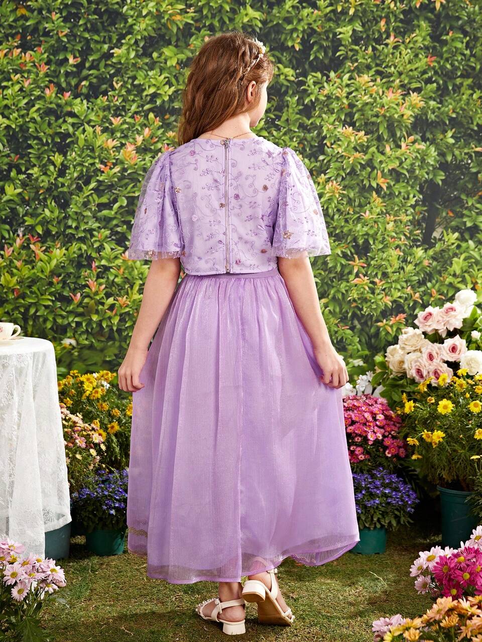 Tween Girls' Round Neck Puff Sleeve Embroidered Mesh Blouse With Back Zipper Design And Skirt With Lace Trims & Woven Belt, 2pcs/Set