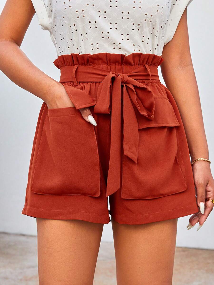 SHEIN Essnce 女士夏季休閒度假高腰捲口短褲,帶翻蓋口袋,亞麻質地 - 鏽棕色 - 查看 1