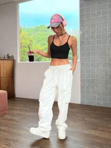 SHEIN EZwear 純色露背短版吊帶上衣 - 黑色 - 查看 4