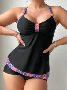 SHEIN Swim Printed Patchwork Halter Top And Solid Color Shorts Tankini Set - Multicolor - View 4