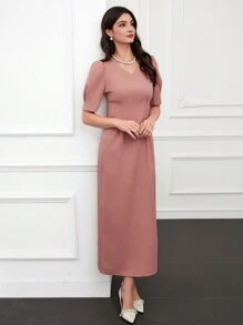Modelyn V-Neck Puff Sleeve Dress - Dusty Pink - View 3