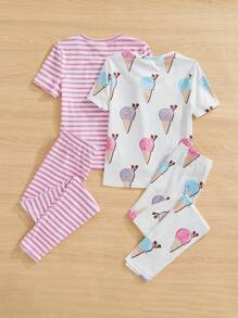 SHEIN 4入組少女圓領短袖t恤和褲子合身睡衣套裝