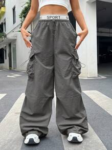 SHEIN EZwear 對比字母帶腰部蓋式口袋褲子