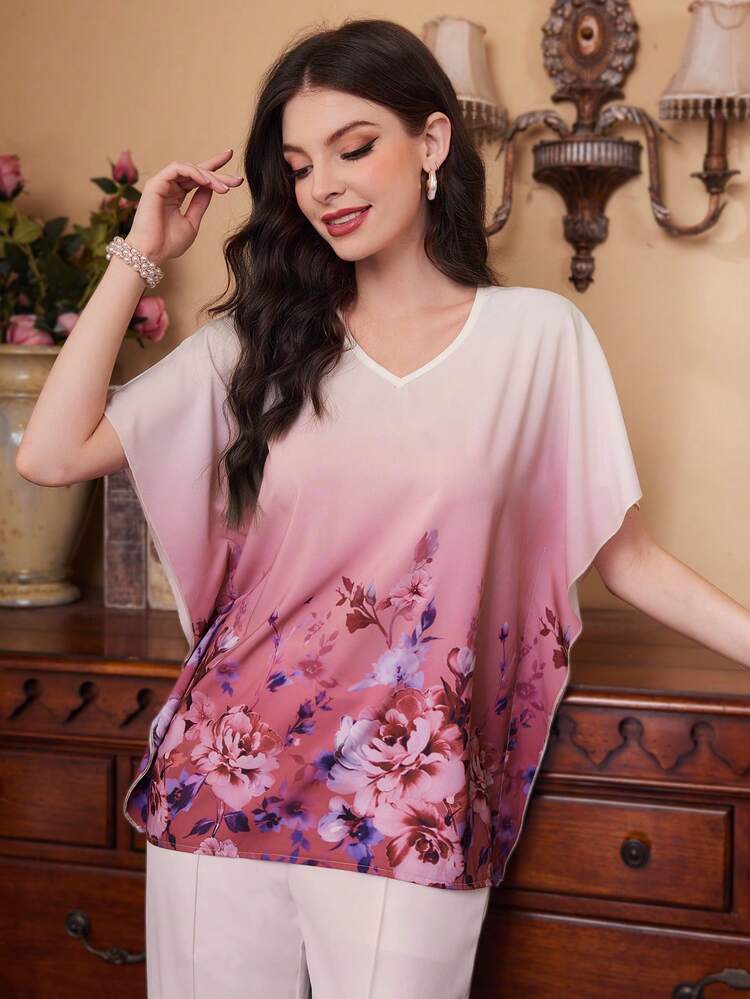Women's Flower Print Ombre Batwing Sleeve Shirt