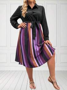 EMERY ROSE Plus Size Women's Striped Print Shirt Dress
