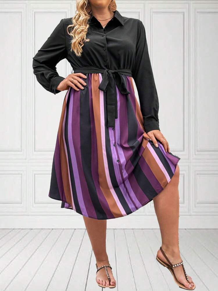 Plus Size Women's Striped Print Shirt Dress