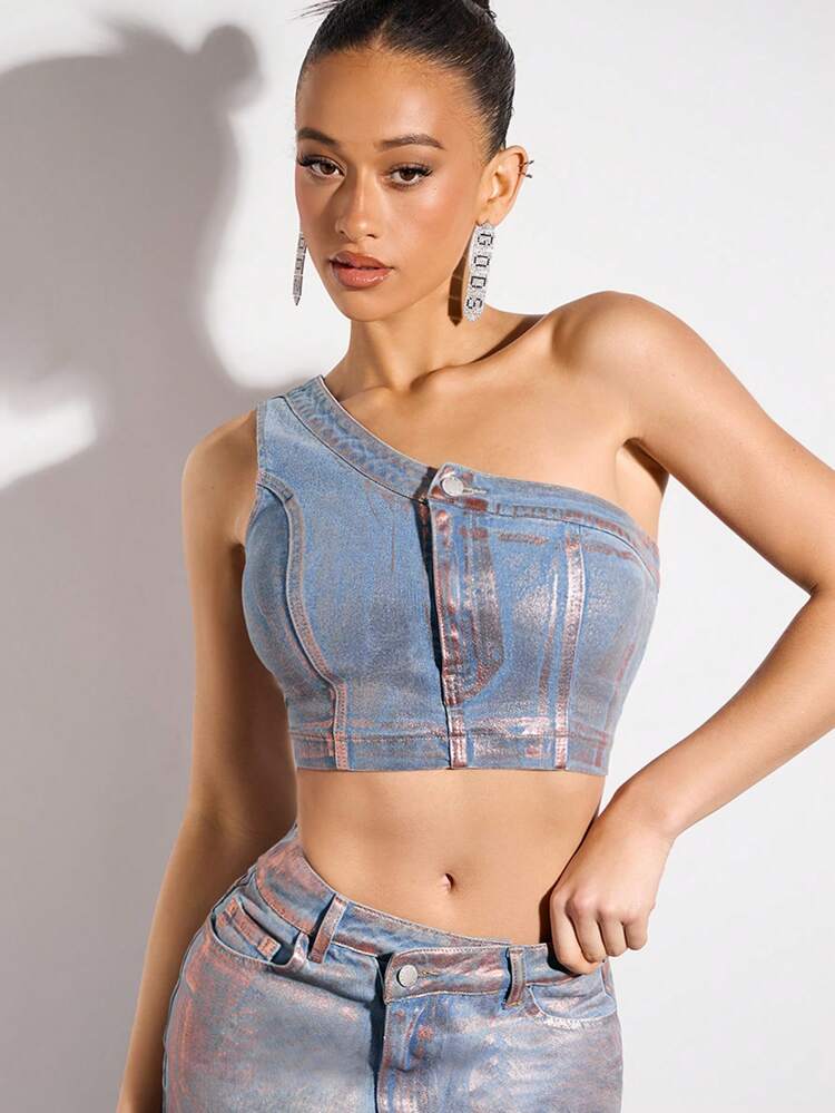 Metallic Elastic Sexy One Shoulder Denim Top For Women&Concert Outfits&Music Festival