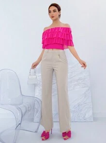 SHEIN Privé Women's Romantic Off Shoulder For Summer Clothing Tiered Tulle  Layered Ruffle Hem Cake Party Wear Top - Hot Pink - View 4